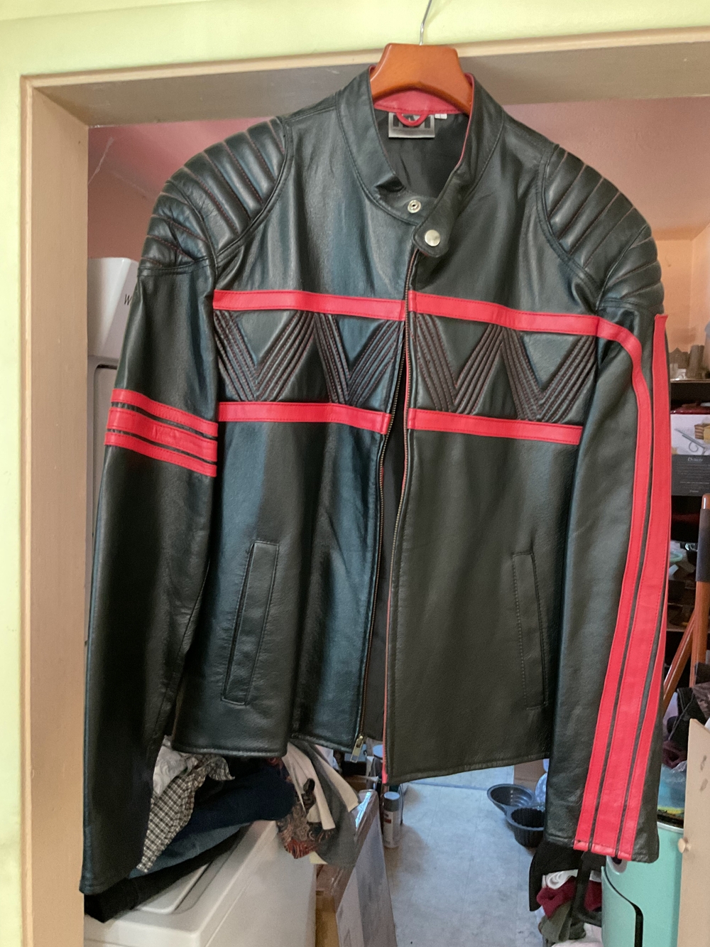 Men's Black Leather Performance Jacket with Red Stripe Accents